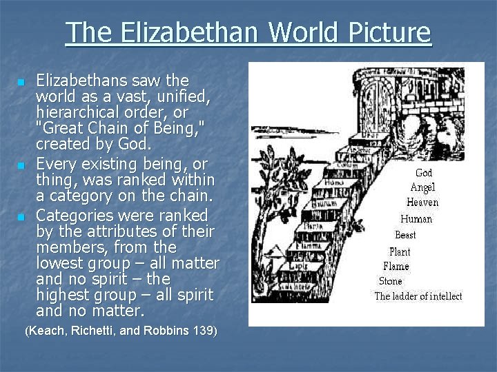 The Elizabethan World Picture n n n Elizabethans saw the world as a vast,