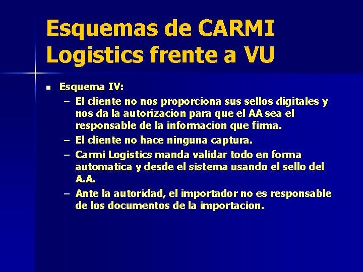 Esquemas de CARMI Logistics frente a VU n Esquema IV: – El cliente no