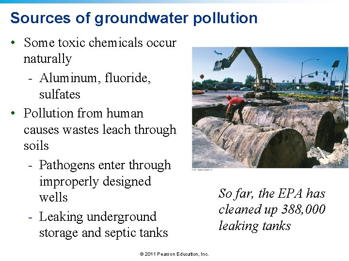 Sources of groundwater pollution • Some toxic chemicals occur naturally - Aluminum, fluoride, sulfates