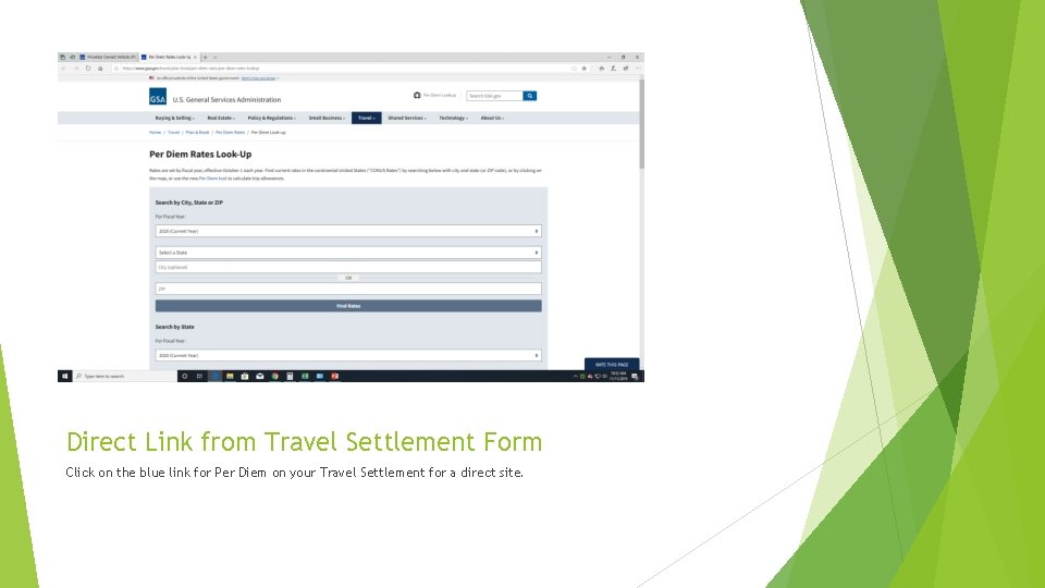 Direct Link from Travel Settlement Form Click on the blue link for Per Diem