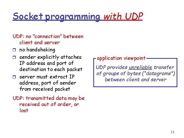 Socket programming with UDP: no “connection” between client and server r no handshaking r