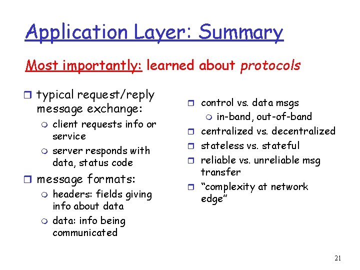 Application Layer: Summary Most importantly: learned about protocols r typical request/reply message exchange: m