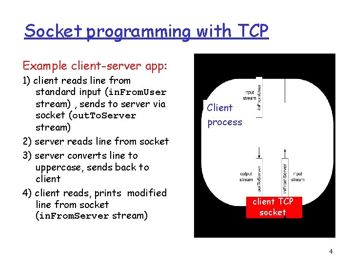 Socket programming with TCP Example client-server app: 1) client reads line from standard input