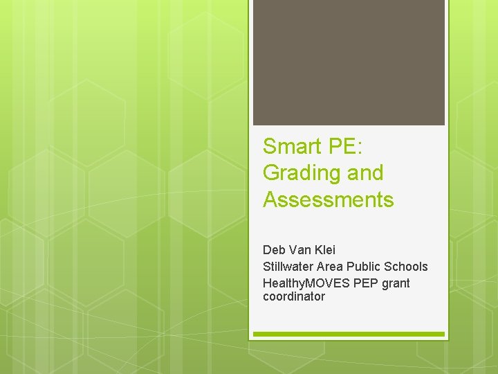 Smart PE: Grading and Assessments Deb Van Klei Stillwater Area Public Schools Healthy. MOVES