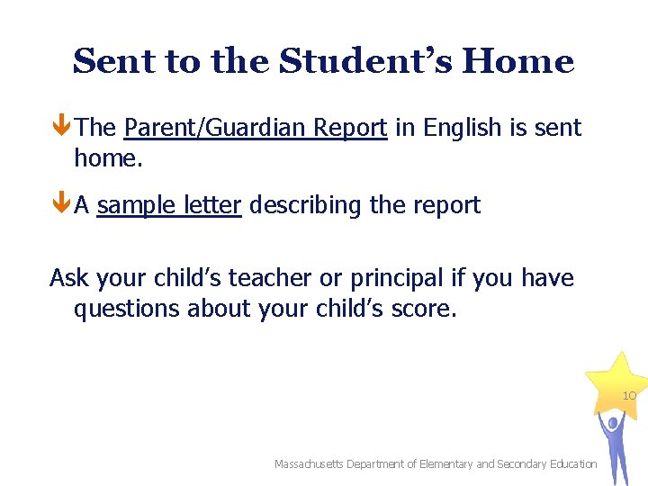 Sent to the Student’s Home The Parent/Guardian Report in English is sent home. A