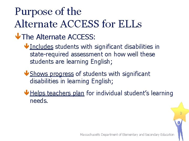 Purpose of the Alternate ACCESS for ELLs The Alternate ACCESS: Includes students with significant