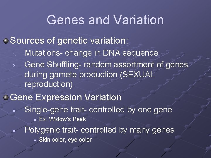 Genes and Variation Sources of genetic variation: 1. 2. Mutations- change in DNA sequence