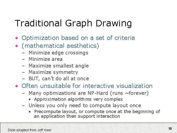 Traditional Graph Drawing • Optimization based on a set of criteria • (mathematical aesthetics)