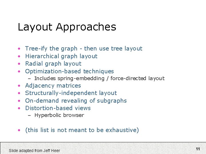 Layout Approaches • • Tree-ify the graph - then use tree layout Hierarchical graph