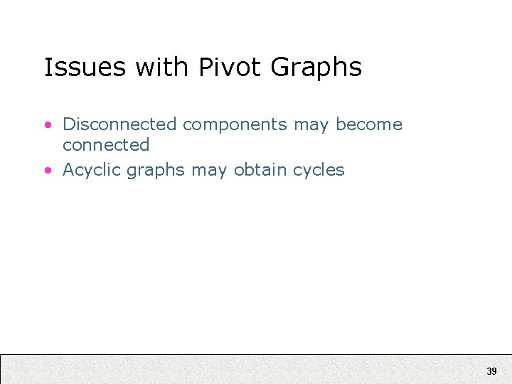 Issues with Pivot Graphs • Disconnected components may become connected • Acyclic graphs may