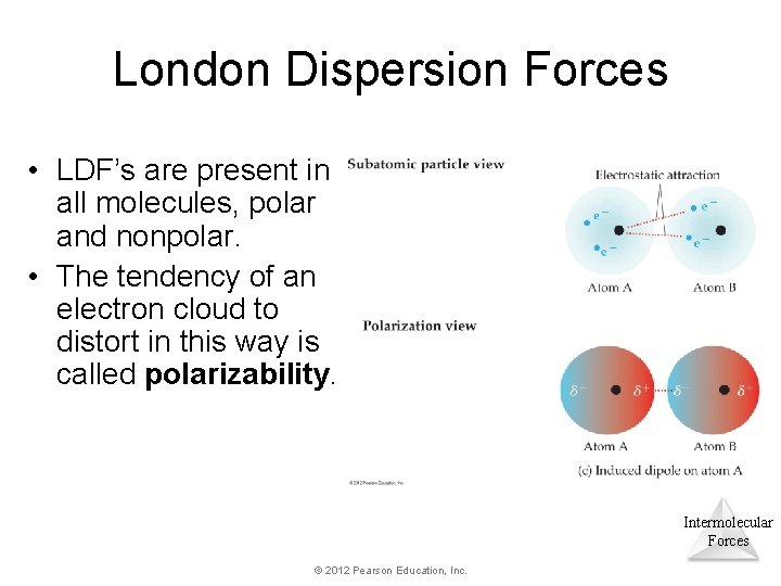 London Dispersion Forces • LDF’s are present in all molecules, polar and nonpolar. • London Dispersion Forces • LDF’s are present in all molecules, polar and nonpolar. •