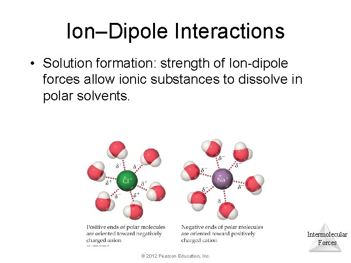 Ion–Dipole Interactions • Solution formation: strength of Ion-dipole forces allow ionic substances to dissolve Ion–Dipole Interactions • Solution formation: strength of Ion-dipole forces allow ionic substances to dissolve