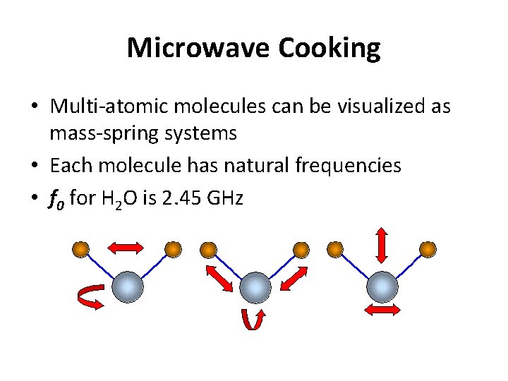 Microwave Cooking • Multi-atomic molecules can be visualized as mass-spring systems • Each molecule