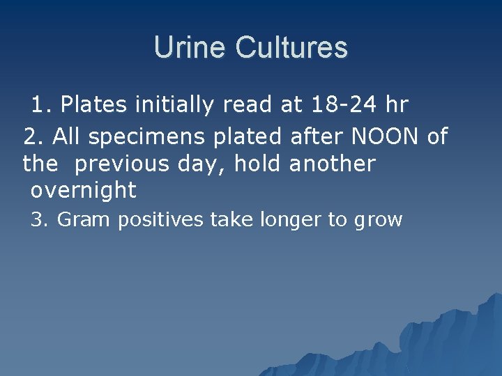 Urine Cultures 1. Plates initially read at 18 -24 hr 2. All specimens plated