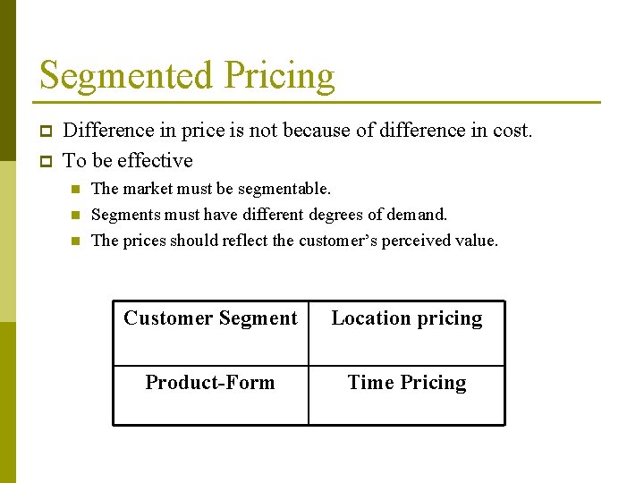 Segmented Pricing p p Difference in price is not because of difference in cost.