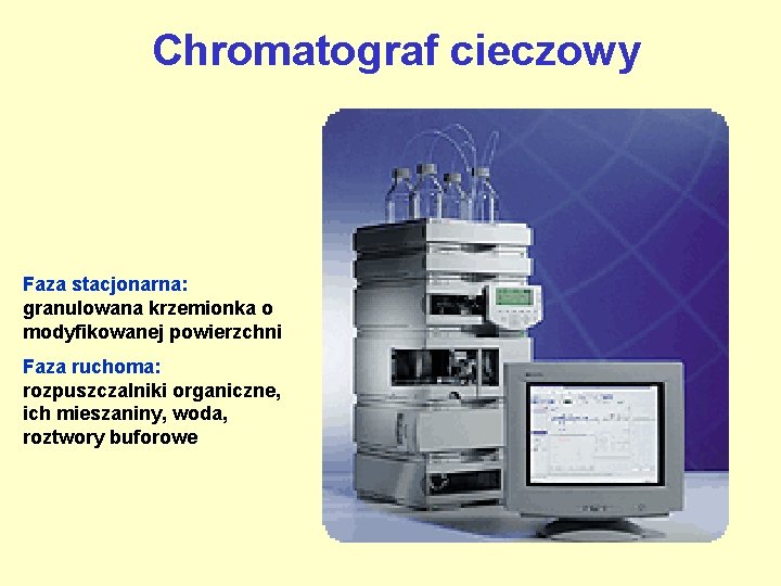 Chromatograf cieczowy Faza stacjonarna: granulowana krzemionka o modyfikowanej powierzchni Faza ruchoma: rozpuszczalniki organiczne, ich