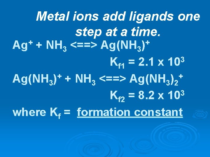 Metal ions add ligands one step at a time. Ag+ + NH 3 <==>