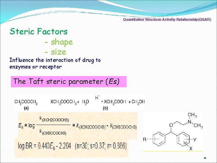 Quantitative Structure-Activity Relationship(QSAR) Steric Factors - shape - size Influence the interaction of drug