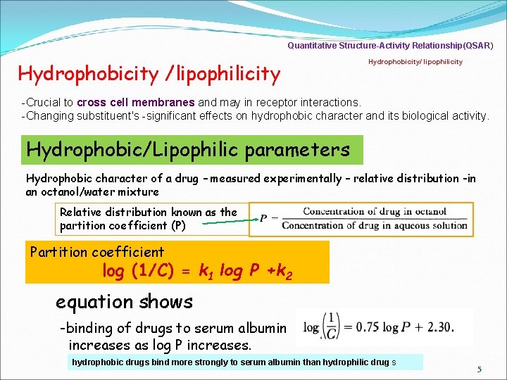 Quantitative Structure-Activity Relationship(QSAR) Hydrophobicity /lipophilicity Hydrophobicity/ lipophilicity -Crucial to cross cell membranes and may