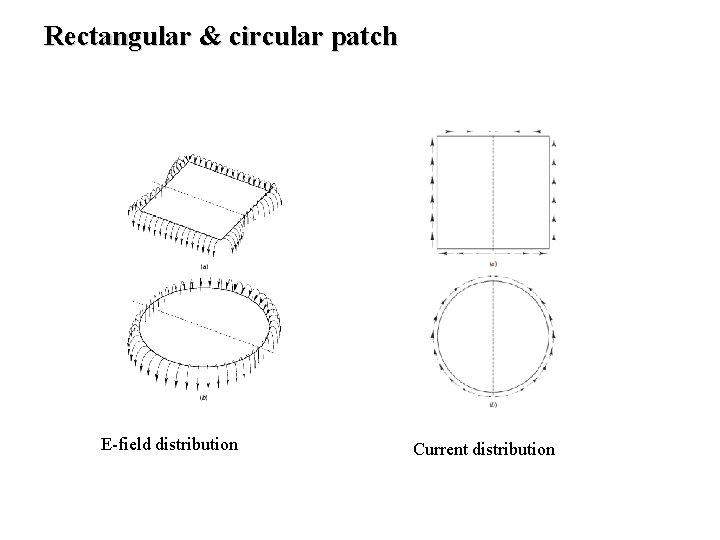 Rectangular & circular patch E-field distribution Current distribution 
