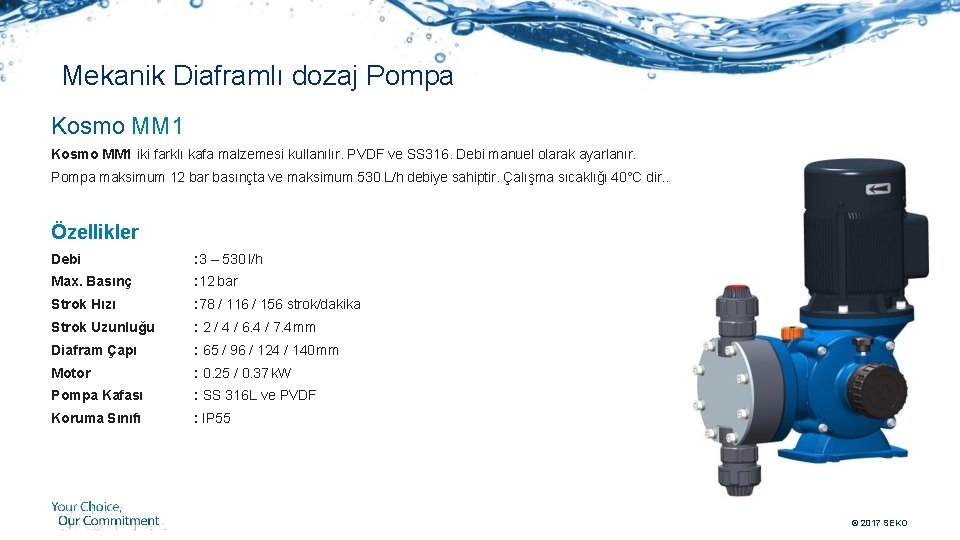 Mekanik Diaframlı dozaj Pompa Kosmo MM 1 iki farklı kafa malzemesi kullanılır. PVDF ve