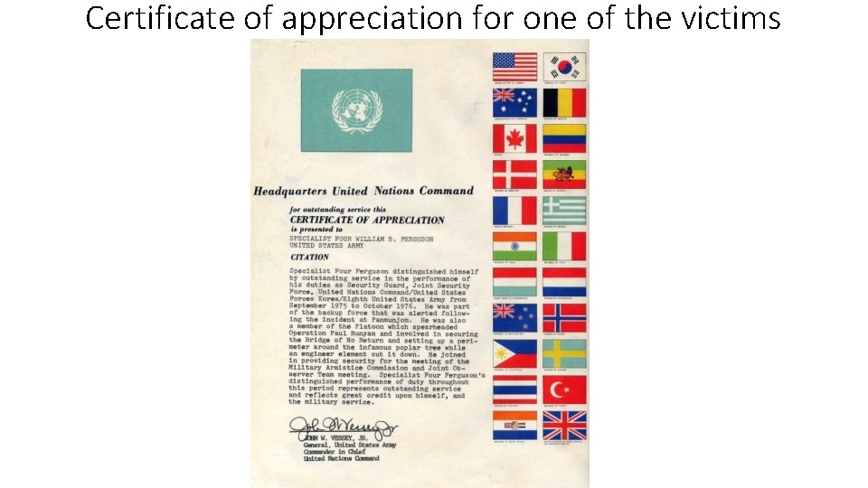 Certificate of appreciation for one of the victims 