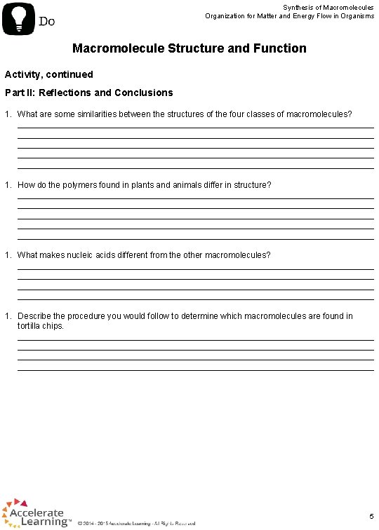 Synthesis of Macromolecules Organization for Matter and Energy Flow in Organisms Macromolecule Structure and