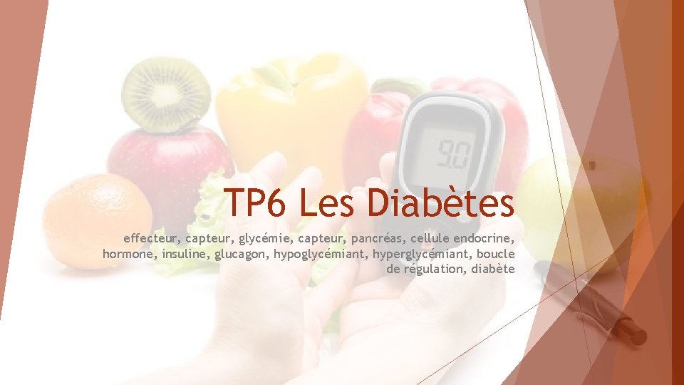 TP 6 Les Diabètes effecteur, capteur, glycémie, capteur, pancréas, cellule endocrine, hormone, insuline, glucagon,