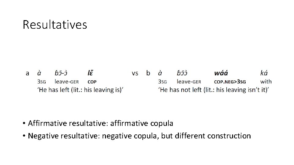 Resultatives • Affirmative resultative: affirmative copula • Negative resultative: negative copula, but different construction