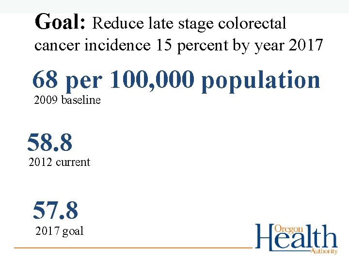 Goal: Reduce late stage colorectal cancer incidence 15 percent by year 2017 68 per