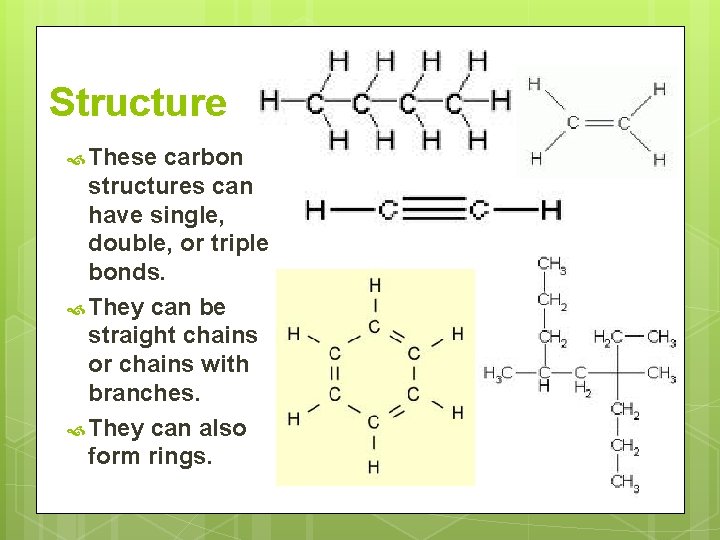 Structure These carbon structures can have single, double, or triple bonds. They can be