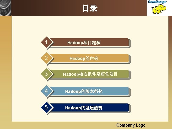 目录 1 Hadoop项目起源 2 Hadoop的由来 3 Hadoop核心组件及相关项目 4 Hadoop的版本衍化 5 Hadoop的发展趋势 Company Logo 