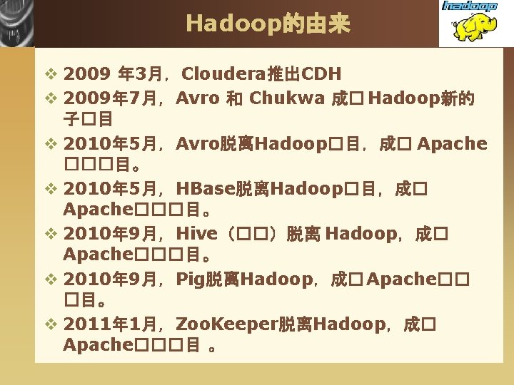 Hadoop的由来 v 2009 年 3月，Cloudera推出CDH v 2009年 7月，Avro 和 Chukwa 成� Hadoop新的 子�目 v