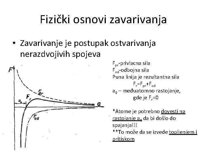 Fizički osnovi zavarivanja • Zavarivanje je postupak ostvarivanja nerazdvojivih spojeva Fr Fpr-privlacna sila Fod-odbojna