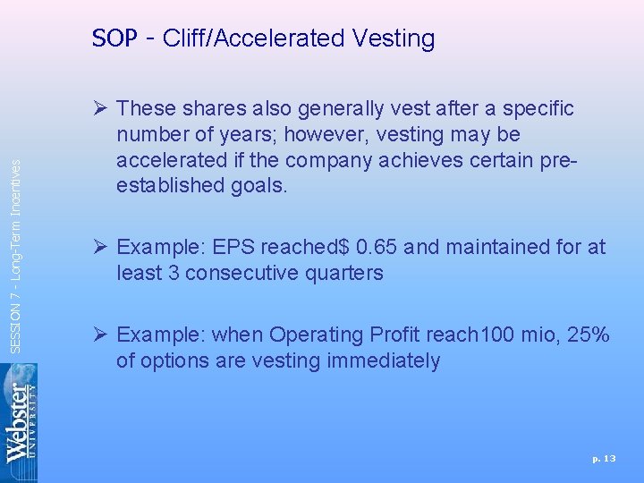 SESSION 7 - Long-Term Incentives SOP - Cliff/Accelerated Vesting Ø These shares also generally