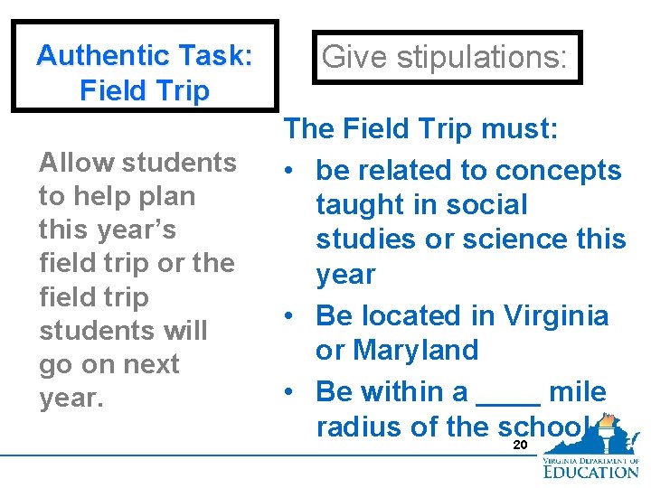 Authentic Task: Field Trip Allow students to help plan this year’s field trip or