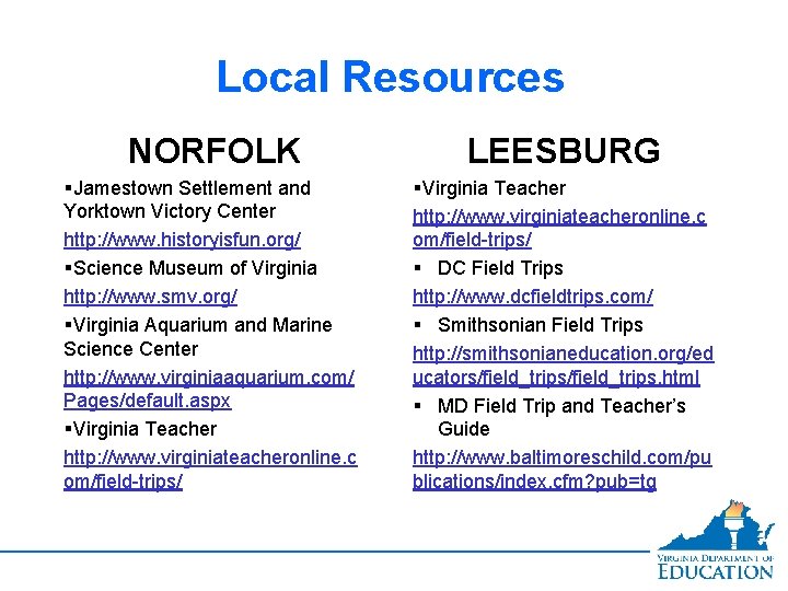 Local Resources NORFOLK LEESBURG §Jamestown Settlement and Yorktown Victory Center http: //www. historyisfun. org/
