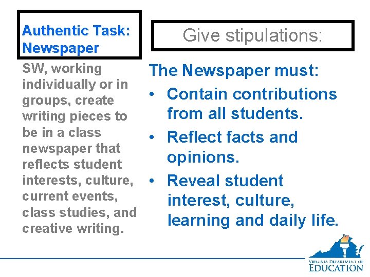 Authentic Task: Newspaper SW, working individually or in groups, create writing pieces to be
