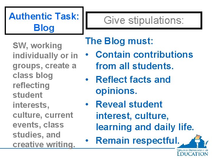 Authentic Task: Blog Give stipulations: The Blog must: SW, working individually or in •