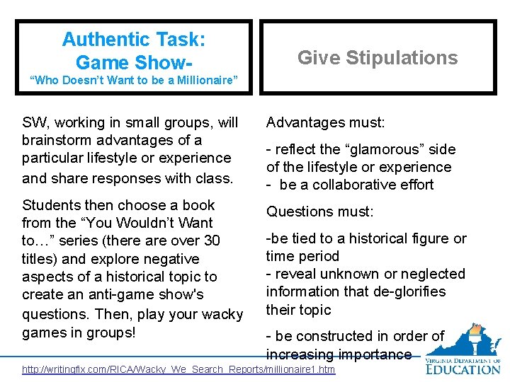 Authentic Task: Game Show- Give Stipulations “Who Doesn’t Want to be a Millionaire” SW,