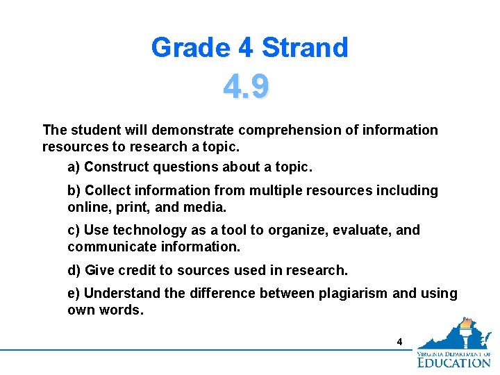 Grade 4 Strand 4. 9 The student will demonstrate comprehension of information resources to