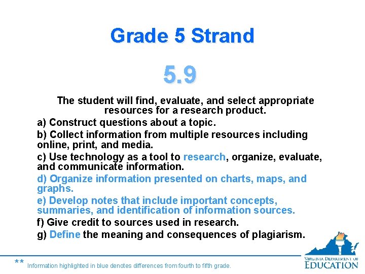 Grade 5 Strand 5. 9 The student will find, evaluate, and select appropriate resources