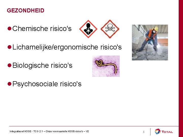 GEZONDHEID ● Chemische risico's ● Lichamelijke/ergonomische risico's ● Biologische risico's ● Psychosociale risico's Integratieset