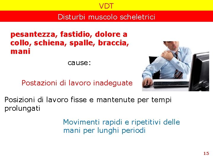 VDT Disturbi muscolo scheletrici pesantezza, fastidio, dolore a collo, schiena, spalle, braccia, mani cause: