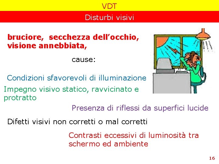 VDT Disturbi visivi bruciore, secchezza dell’occhio, visione annebbiata, cause: Condizioni sfavorevoli di illuminazione Impegno