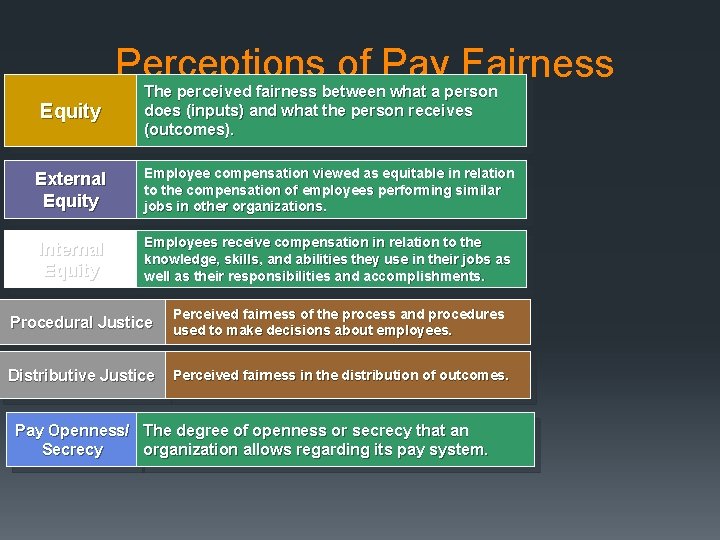 Perceptions of Pay Fairness Equity The perceived fairness between what a person does (inputs)