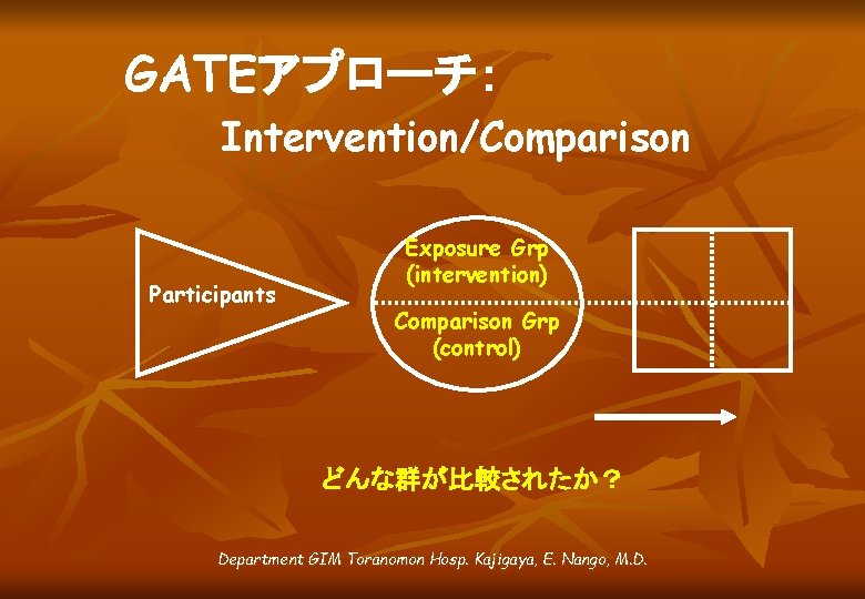 GATEアプローチ： Intervention/Comparison Participants Exposure Grp (intervention) Comparison Grp (control) どんな群が比較されたか？ Department GIM Toranomon Hosp.