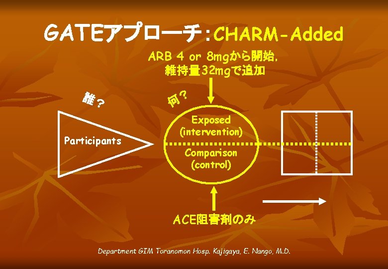 GATEアプローチ：CHARM-Added ARB 4 or 8 mgから開始， 維持量 32 mgで追加 誰？ Participants ？ 何 Exposed