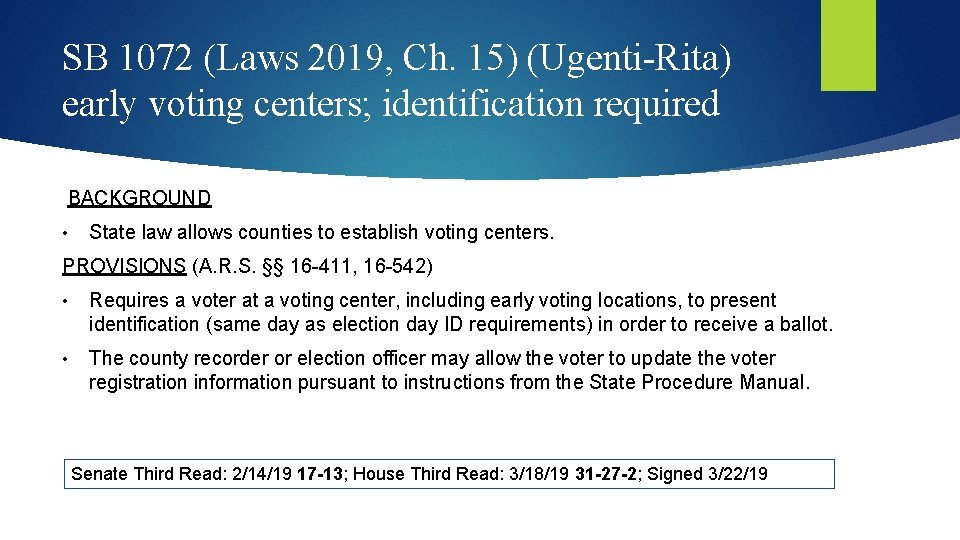 SB 1072 (Laws 2019, Ch. 15) (Ugenti-Rita) early voting centers; identification required BACKGROUND •