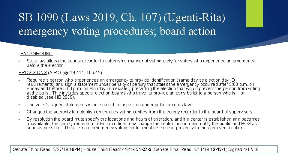 SB 1090 (Laws 2019, Ch. 107) (Ugenti-Rita) emergency voting procedures; board action BACKGROUND •